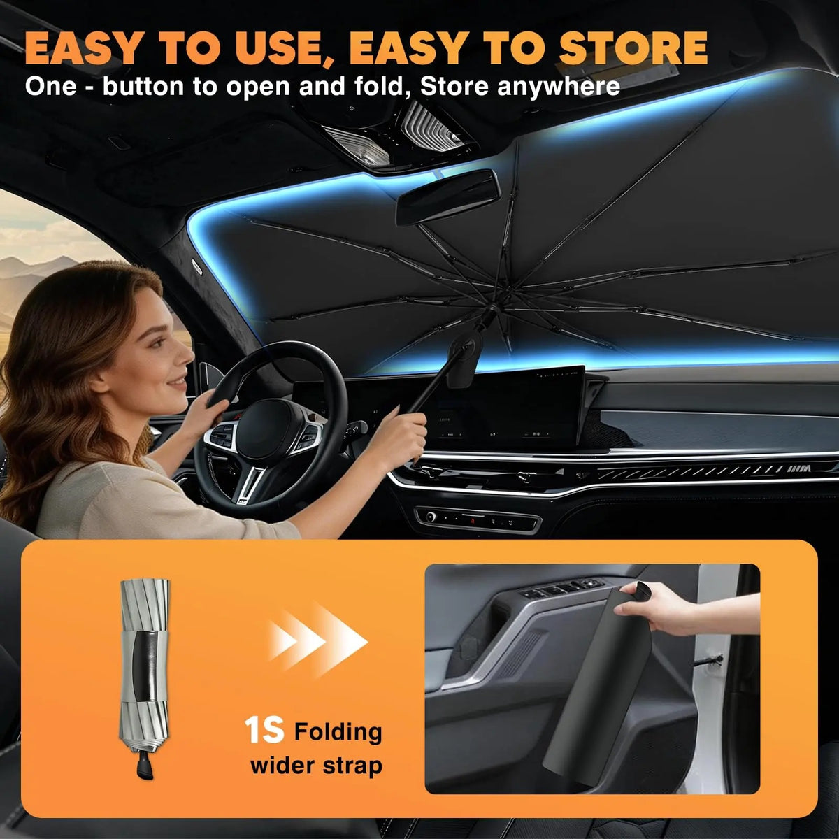 ☀️ Car Windshield Sunshade Umbrella, Foldable Car Sun Visor for UV & Heat Protection