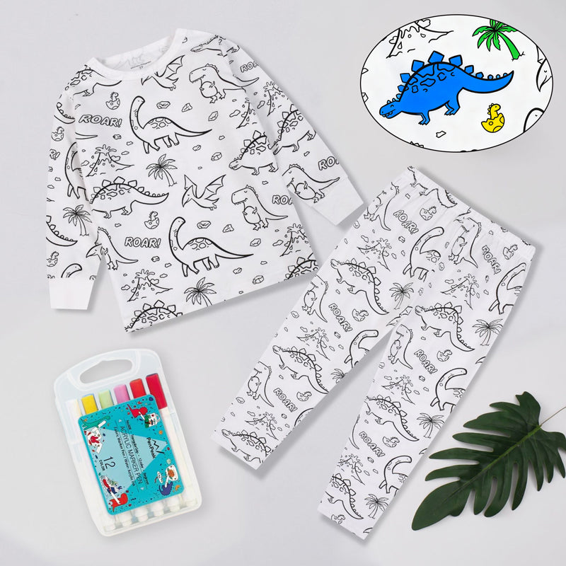 Kids DIY Coloring Pajamas Set with Markers – Soft Bamboo Viscose Unisex Sleepwear, Snug Fit, Stretchy & Breathable PJs, Fun Cartoon Designs in Dinosaur & Mermaid Themes